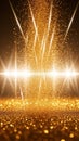 A cascade of shimmering golden glitter particles and bright light beams erupting upwards against a dark, atmospheric background Royalty Free Stock Photo