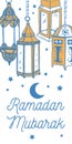 Vertical composition with traditional Ramadan lamps. Hand drawn vector sketch illustration