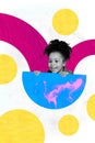 Vertical contemporary colorful collage photo of cute charming little girl toddler hide play have fun childhood on Royalty Free Stock Photo