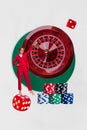 Vertical contemporary image casino table roulette croupier woman excited cheerful win dice cube poker chips leisure on
