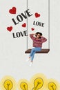 Vertical contemporary photo collage of young funky girl sit on swing smile happy inspired by love playful lightbulb on