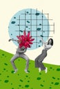 Vertical creative abstract 3d collage photo of funny people dancing headless guy flower instead of head isolated