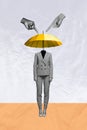 Vertical creative art collage of girl instead head yellow umbrella point fingers hate rumors ridicule blame autumn rain