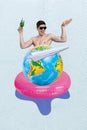 Vertical creative banner new travel agency promo collage of young guy dance drink mojito rubber circle globe isolated on