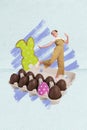 Vertical creative collage artwork photo of funny funky optimistic woman dancing on chocolate easter eggs isolated on
