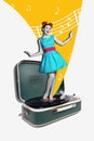 Vertical creative collage attractive young dancing girl have fun weekend party retro stylish outfit vinyl plate record