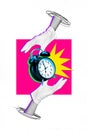 Vertical creative collage banner poster ringing alarm clock timer bell hurry late miss appointment time management two