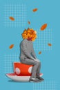 Vertical creative collage banner sitting young man depressed bad mood autumn anxiety falling golden leaves coffee cup Royalty Free Stock Photo