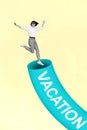 Vertical creative collage black white gamma person jump into vacation tube isolated on light creative background