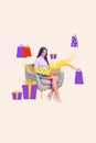 Vertical creative collage brochure sitting young lady browsing laptop buy eshop shopping bags presents gifts holiday