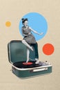 Vertical creative collage cheerful excited happy young lady stretch dance club turntable vintage vinyl colorful circle