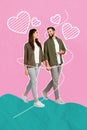 Vertical creative collage image of adult people dating walking park chatting communicating hold hands feel happy smiling Royalty Free Stock Photo