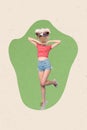 Vertical creative collage image beautiful cheerful ostrich mask costume incognito pose exclusive green white background