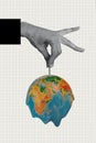 Vertical creative collage image black white effect human hand hold our planet melts negligently global warming absurd Royalty Free Stock Photo