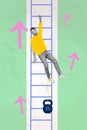 Vertical creative collage image of confused hanging ladder falling man scientific experiment physics gravity heavy