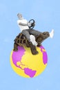 Vertical creative collage image of crazy funny funky mature man riding big turtle holding steering wheel mini planet