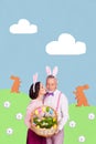 Vertical creative collage image of cute old couple kiss cheek celebrate easter holiday tradition invitation billboard Royalty Free Stock Photo
