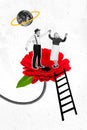 Vertical creative collage image of dancing energetic cheerful grandparents dating red gerbera moonlight climb ladder