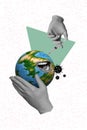 Vertical creative collage image of doctor hands sterile gloves hold planet earth mouth injection syringe covid-19