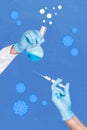 Vertical creative collage image of doctor laboratory assistant hands sterile gloves hold flask syringe invent vaccine