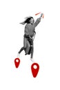 Vertical creative collage image of excited female flying sit suitcase travel gps mark geolocation bizarre unusual