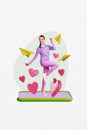 Vertical creative collage image of excited happy young dancing female device screen heart paper plane social media weird
