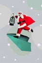 Vertical creative collage image of funky santa claus flying paper plane lamp light new year snowy atmosphere christmas Royalty Free Stock Photo