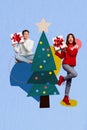 Vertical creative collage image of funny family young girl teen boy present box receive gift happy merry christmas new Royalty Free Stock Photo