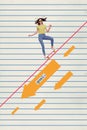 Vertical creative collage image of funny female slide down skating have fun arrow down goal confident success magazine