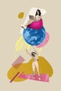 Vertical creative collage image of funny friends girls netbook connection full moon have fun dreaming weird freak Royalty Free Stock Photo