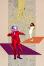 Vertical creative collage image of funny gentleman disco ball instead head red suit young female dancing having fun