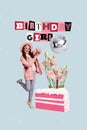 Vertical creative collage image of funny glamour little female celebrate birthday party sweet cake flowers magazine