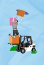 Vertical creative collage image of funny man jump forklift truck shipping package goods sell weird freak bizarre unusual