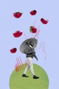 Vertical creative collage image of gentleman walking mister hold umbrella falling nature flowers blooming magazine