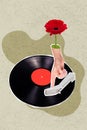 Vertical creative collage image of hand retro vintage vinyl recorder hand gerbera flower finger point touch meloman 70s