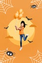 Vertical creative collage image of positive little woman witch hat costume flying hang air balloons present halloween