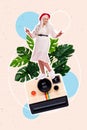 Vertical creative collage image of positive retired lady dancing feel young tropical leaves model instant photo retro