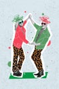 Vertical creative collage image of positive retired mature couple funny funky fancy clothes leopard print trousers