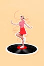 Vertical creative collage image of positive young attractive student woman mini skirt dancing retro vintage vinyl record