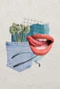 Vertical creative collage image of sexy female lips lick tongue poppy flower pocket denim weird freak bizarre unusual Royalty Free Stock Photo