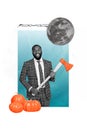 Vertical creative collage image of smiling gentleman wear costume hold sharp axe maniac butcher full moon pumpkins pile