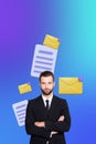 Vertical creative collage image standing young businessman crossed hands mailbox notification receive envelop letter