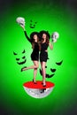 Vertical creative collage image of two friends attractive young witches hold head skull stand half disco ball halloween