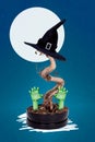 Vertical creative collage image of withered dry plant tree witch wizard hat halloween decorations flowerpot zombie hands