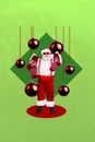 Vertical creative collage montage photo of positive cheerful good mood santa claus puts gifts in socks isolated on green