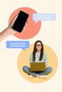 Vertical creative collage photo of beautiful girl sitting with laptop communicating chatting with clients isolated