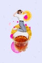 Vertical creative collage picture banner happy cheerful girl jumping huge cognac glass drunk celebration friday chill