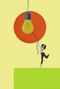 Vertical creative collage picture banner young amazed girl pulling rope lightbulb lamp electric idea concept invention