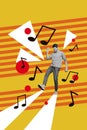 Vertical creative collage picture happy funky man excited dancer party disco note music listener festive event weekend