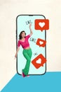 Vertical creative collage picture lovely enjoy chill young woman dance club miniature feedback heart gigantic smartphone
